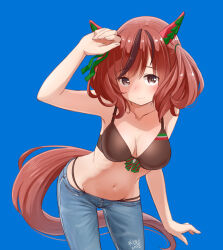 Rule 34 | 1girl, animal ears, arm up, artist name, bare shoulders, bikini, bikini under clothes, blue background, blush, breasts, brown bikini, brown eyes, brown hair, cleavage, closed mouth, collarbone, commentary, cowboy shot, dated, denim, denim shorts, ear covers, groin, horse ears, horse girl, horse tail, leaning forward, looking at viewer, medium hair, multicolored hair, navel, nice nature (umamusume), retsumaru, shading eyes, shorts, simple background, small breasts, solo, streaked hair, swimsuit, tail, twintails, umamusume