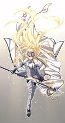 Rule 34 | 1girl, armor, armored boots, armored dress, blonde hair, blue eyes, boots, braid, breasts, chietori, fate/apocrypha, fate (series), faulds, flag, full body, gauntlets, gradient background, headpiece, jeanne d&#039;arc (fate), jeanne d&#039;arc (ruler) (fate), jeanne d&#039;arc (third ascension) (fate), long hair, thighhighs, very long hair