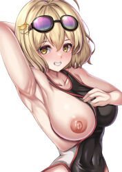 Rule 34 | 1girl, absurdres, anis (nikke), arm behind head, armpits, black one-piece swimsuit, blonde hair, blush, breasts, collarbone, cosplay, covered navel, eyewear on head, goddess of victory: nikke, grin, hair ornament, highres, large breasts, looking at viewer, one-piece swimsuit, one breast out, parapetto, presenting armpit, rapi (classic vacation) (nikke), rapi (nikke), rapi (nikke) (cosplay), smile, solo, sunglasses, swimsuit, white background, white one-piece swimsuit, yellow eyes