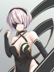 Rule 34 | 1girl, absurdres, alternate costume, blindfold, chinese clothes, chinese new year, hairband, highres, mole, mole under mouth, nier (series), nier:automata, nissanote, smile, solo, white hair, 2b (nier:automata)