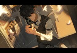 Rule 34 | 1boy, bird, black hair, black necktie, black pants, black vest, blurry, blurry background, brown eyes, building, chinese text, commission, dove, gun, handgun, highres, holding, holding gun, holding weapon, indoors, klein moretti, looking at viewer, lord of the mysteries, nail, necktie, one eye covered, pants, revolver, shantianshiguoyu, shirt, short hair, solo, translation request, vest, watermark, weapon, white shirt, wind, window
