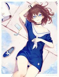 Rule 34 | 1girl, arm up, artist name, black-framed eyewear, blue dress, bracelet, briefcase, brown hair, cellphone, choker, collarbone, commentary request, dress, from above, fuyuno yuuki, glasses, jewelry, knee up, looking at viewer, lying, medium hair, mole, mole on body, off shoulder, on back, original, outside border, panties, pantyshot, parted lips, phone, sailor collar, sailor dress, semi-rimless eyewear, shoes, unworn shoes, short dress, short sleeves, signature, smartphone, solo, underwear, watermark, web address, white legwear, white neckwear, white panties