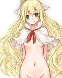 Rule 34 | 1girl, arms behind back, aru gunsou, bad id, bad pixiv id, blonde hair, breasts, cape, capelet, fairy tail, green eyes, groin, head tilt, head wings, long hair, looking at viewer, mavis vermilion, naked cape, navel, out-of-frame censoring, small breasts, smile, solo, underboob, very long hair, wavy hair, wings