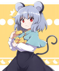 Rule 34 | 1girl, :&lt;, ^^^, animal ears, aqua capelet, big hair, black dress, breasts, capelet, cheese, closed mouth, commentary request, cowboy shot, crumbs, dress, eating, food, food on face, grey hair, hands up, highres, holding, holding food, letterboxed, long dress, long sleeves, looking at viewer, mandarin collar, mouse ears, mouse print, mouse tail, nazrin, partial commentary, popped collar, red eyes, rizento, shirt, short hair, sidelocks, small breasts, solo, sweatdrop, tagme, tail, touhou, undershirt, white shirt, yellow background