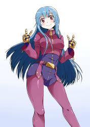 Rule 34 | 1girl, black bodysuit, black gloves, blue hair, bodysuit, closed mouth, cropped jacket, double v, gauntlets, gloves, gold trim, gradient background, highres, hime cut, jacket, kula diamond, kyo9999, leather, leather jacket, long hair, long sleeves, purple jacket, red eyes, smile, solo, standing, straight hair, the king of fighters, v, zipper