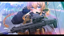 Rule 34 | 1girl, ammunition pouch, blonde hair, blue eyes, braid, commentary, commentary request, cz 805 bren, english commentary, headset, highres, holding, holding weapon, indie virtual youtuber, iwasawayuki, letterboxed, looking at viewer, optical sight, bulletproof vest, pouch, rain, second-party source, single braid, smile, solo, suppressor, tactical clothes, trigger discipline, weapon, whiskey project
