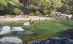 Rule 34 | 1boy, blonde hair, blue tunic, boots, brown footwear, fishing rod, foliage, full body, green pants, highres, joanne tran, leg up, link, long sleeves, nature, nintendo, outdoors, pants, pointy ears, river, riverbank, rock, short hair, solo, the legend of zelda, the legend of zelda: breath of the wild, tree, weapon, weapon on back