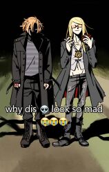 2boys arms_at_sides black_coat black_footwear black_nails black_pants black_shirt blonde_hair boots cigarette clenched_hands closed_mouth coat command_spell commentary crop_top cross-laced_footwear crying_emoji daybit_sem_void emoji english_text facing_viewer fate/grand_order fate_(series) grey_sweater hair_between_eyes hands_up heart_(organ) highres holding holding_cigarette holding_heart_(organ) lace-up_boots leather leather_pants long_hair long_sleeves looking_to_the_side male_focus medallion meme midriff multiple_boys nail_polish night orange-tinted_eyewear outdoors pants purple_eyes shaded_face shirt short_hair side-by-side smile standing striped_clothes striped_sweater sunglasses sweater symbol-only_commentary tezcatlipoca_(fate) thissideupplz tinted_eyewear white_shirt why_dis_ninja_look_so_mad_(meme)