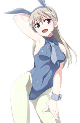 Rule 34 | 1girl, animal ears, arm behind head, armpits, blonde hair, blue necktie, breasts, brown eyes, contrapposto, covered erect nipples, eila ilmatar juutilainen, hand on own thigh, leotard, long hair, looking at viewer, medium breasts, nanashino, necktie, pantyhose, rabbit ears, sidelocks, smile, solo, strike witches, white background, world witches series, wrist cuffs