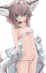 Rule 34 | 1girl, ahoge, animal ears, areola slip, arknights, bikini, black choker, blue eyes, blush, breasts, brown hair, choker, collarbone, commentary, covered erect nipples, fox ears, fox girl, fox tail, gloves, highres, jacket, looking at viewer, material growth, micro bikini, mikozin, navel, o-ring, o-ring bikini, off-shoulder bikini, off shoulder, oripathy lesion (arknights), short hair, simple background, small breasts, solo, strapless, strapless bikini, sussurro (arknights), sweat, swimsuit, symbol-only commentary, tail, white background, white bikini, white gloves, white jacket