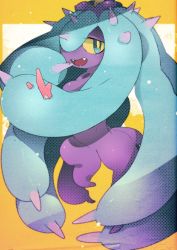 Rule 34 | blue eyes, colored sclera, coral, creatures (company), eating, fangs, game freak, gen 7 pokemon, halftone, highres, idkuroi, looking at viewer, mareanie, nintendo, no humans, pokemon, pokemon (creature), prehensile hair, smile, solo, tentacle hair, yellow sclera