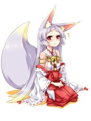 Rule 34 | 1girl, animal ears, bell, breasts, esoragoto, fox ears, fox tail, hakama, hakama skirt, highres, hime cut, japanese clothes, jingle bell, miko, original, red eyes, red hakama, seiza, sideboob, silver hair, simple background, sitting, skirt, smile, solo, tail