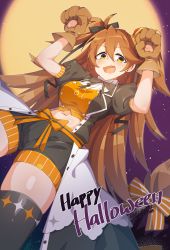Rule 34 | 1girl, :d, animal hands, black thighhighs, brown hair, commentary, crown, dated, earrings, fang, full moon, gloves, hair between eyes, halloween, halloween costume, hands up, happy halloween, highres, jewelry, leo (symbol), long hair, looking at viewer, midriff, mini crown, moon, navel, open mouth, original, paw gloves, puffy short sleeves, puffy sleeves, ribbon, short sleeves, shorts, smile, solo, tail, tail ornament, tail ribbon, thighhighs, tilt-shift (azalanz), tilted headwear, twitter username, two side up, virtual youtuber, waist cape, yellow eyes