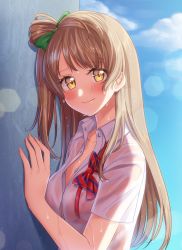 Rule 34 | 10s, 1girl, against wall, blush, bow, bowtie, collared shirt, commentary request, green bow, grey hair, hair bow, hoshisakura (starblossom), long hair, looking at viewer, love live!, love live! school idol project, minami kotori, one side up, partially unbuttoned, school uniform, see-through, shirt, short sleeves, smile, solo, striped bow, striped bowtie, striped clothes, striped neckwear, undone bowtie, upper body, wet, wet clothes, wet shirt, white shirt, yellow eyes
