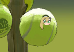 Rule 34 | 1girl, :&lt;, asymmetrical bangs, ball, blonde hair, blurry, blurry background, blush, bright pupils, closed mouth, green eyes, highres, in container, insect hair ornament, looking at viewer, matangom, matangomu-chan, mini person, minigirl, original, parody, photo-referenced, pillbug, raised eyebrows, romaji text, single sidelock, solo, tennis ball, white pupils