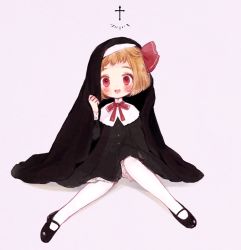 Rule 34 | 1girl, :d, adapted costume, alternate costume, black dress, black footwear, blonde hair, blush, buttons, collared dress, cross, dot nose, dress, eyebrows, fang, frilled shirt collar, frills, full body, grey background, habit, hair ribbon, hand up, high collar, knee up, latin cross, long sleeves, looking at viewer, mary janes, neck ribbon, notice lines, nun, open mouth, pantyhose, puffy sleeves, red eyes, red ribbon, ribbon, rumia, shiny footwear, shoes, short bangs, short hair, simple background, sitting, sleeve cuffs, smile, solo, straight-on, tareme, teeth, touhou, upper teeth only, white pantyhose, yujup