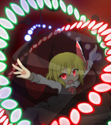 Rule 34 | 1girl, blonde hair, blouse, danmaku, hair ornament, long sleeves, looking at viewer, open mouth, outstretched arms, red eyes, rumia, senba chidori, shirt, short hair, skirt, solo, spread arms, touhou, vest
