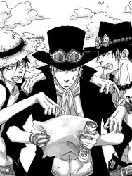 Rule 34 | 3boys, abs, argue, brothers, ascot, freckles, goggles, goggles on head, hat, jacket, jewelry, male focus, map, monkey d. luffy, monochrome, multiple boys, necklace, one piece, open clothes, open jacket, pixiv sample, portgas d. ace, sabo (one piece), sad face, scar, topless male, siblings, smiley face, stampede string, straw hat, time paradox, top hat, vessel, vest