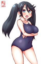Rule 34 | 1girl, alternate costume, artist logo, blue eyes, blue hair, blue one-piece swimsuit, breasts, collarbone, commentary request, competition school swimsuit, contrapposto, covered navel, dated, highres, isuzu (kancolle), kanon (kurogane knights), kantai collection, large breasts, long hair, looking at viewer, one-piece swimsuit, open mouth, school swimsuit, simple background, solo, swimsuit, twintails, white background
