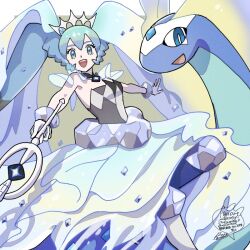 Rule 34 | 1girl, :d, aurorus, bracelet, commentary request, creatures (company), crossover, dress, eyelashes, game freak, gen 6 pokemon, gloves, green eyes, green hair, hair ornament, happy, hatsune miku, holding, jewelry, leg up, long hair, looking at viewer, nintendo, open mouth, pokemon, pokemon (creature), project voltage, rock miku (project voltage), sagemaru-br, signature, smile, teeth, twintails, upper teeth only, vocaloid, white gloves