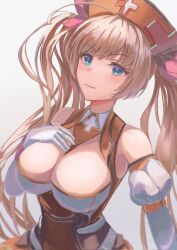 Rule 34 | 1girl, ahoge, arm belt, armpit crease, blonde hair, blue eyes, blush, bow, breasts, cleavage, cleavage cutout, closed mouth, clothing cutout, collared shirt, commentary request, cross, curly hair, detached sleeves, dian cecht (kamihime project), gloves, grey background, hair bow, hand on own chest, hat, highres, kamihime project, kitaugetu, large breasts, long hair, looking at viewer, nurse, nurse cap, orange hat, orange shirt, orange skirt, puffy detached sleeves, puffy sleeves, red bow, shirt, skirt, sleeveless, solo, transparent background, twintails, white gloves