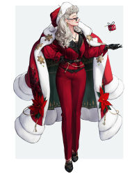 Rule 34 | 1girl, black footwear, black gloves, earrings, closed eyes, full body, gloves, hand on own hip, hat, highres, jacket, jewelry, long hair, long sleeves, original, pants, profile, red jacket, red pants, rinotuna, santa hat, shoes, smile, solo, standing, sunglasses, white background, white hair
