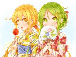 Rule 34 | 2girls, alternate costume, alternate hairstyle, blonde hair, blush, braid, candy apple, crescent, crescent hair ornament, fingernails, floral print, flower, food, green eyes, green hair, hair ornament, hand fan, highres, holding, japanese clothes, kantai collection, kimono, long hair, long sleeves, low twintails, multiple girls, nagatsuki (kancolle), open mouth, sash, satsuki (kancolle), sidelocks, simple background, suzushiro (gripen39), tongue, tongue out, twintails, yellow eyes, yukata