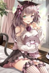Rule 34 | 1girl, ahoge, animal, animal ears, bare shoulders, black skirt, blush, breasts, brown hair, cat, cat ears, cat girl, cat tail, detached sleeves, flower, flower ornament, frilled shirt, frills, fur-trimmed legwear, fur trim, green eyes, hair ornament, hair ribbon, heterochromia, highres, holding, holding animal, large breasts, long sleeves, looking at viewer, original, purple eyes, ribbon, rose, rumiko (rmeco), shirt, sitting, skirt, smile, striped clothes, striped thighhighs, tail, thighhighs, vertical-striped clothes, vertical-striped thighhighs, white shirt