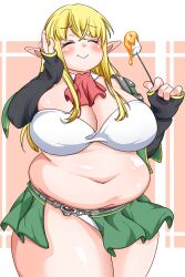 Rule 34 | 1girl, acryl c, belly, blonde hair, breasts, character request, cleavage, eating, elf, fat, fondue, highres, huge breasts, large breasts, midriff, plump, pointy ears, skirt, smile, solo, standing, thick thighs, thighs