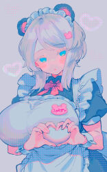 Rule 34 | 1girl, animal ears, apron, bear ears, black dress, blue eyes, blush, breasts, dress, faust (project moon), heart, heart-shaped boob challenge, heart hands, highres, huge breasts, limbus company, looking at viewer, maid, name tag, parted lips, project moon, puffy short sleeves, puffy sleeves, short hair, short sleeves, simple background, solo, upper body, white apron, white background, white hair, y0ru73