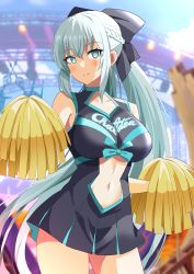 Rule 34 | 1girl, bare shoulders, black bow, black dress, blue eyes, blush, bow, braid, breasts, cheerleader, cleavage cutout, clothing cutout, collarbone, dress, fate/grand order, fate (series), french braid, grey hair, hair bow, highres, holding, holding pom poms, large breasts, long hair, looking at viewer, morgan le fay (fate), navel, navel cutout, pleated dress, pom pom (cheerleading), pom poms, ponytail, shimouki izui, sidelocks, solo, thighs, very long hair