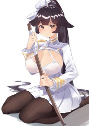 Rule 34 | 1girl, animal ears, azur lane, bikini, bikini top only, bikini under clothes, black hair, black pantyhose, blunt bangs, bow, breasts, brown eyes, buttons, cleavage, closed mouth, criss-cross halter, dog ears, double-breasted, extra ears, floppy ears, hair bow, hair ears, hair flaps, halterneck, highres, jacket, large breasts, long hair, long sleeves, looking at viewer, military, military uniform, miniskirt, one-piece swimsuit, open clothes, open shirt, pantyhose, pleated skirt, ponytail, pouty lips, sitting, skirt, swimsuit, sword, takao (azur lane), take yaki, tears, uniform, very long hair, weapon, white one-piece swimsuit, wooden sword