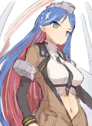 Rule 34 | 1girl, alchera, black gloves, black necktie, blue hair, breasts, brown jacket, crop top, dress shirt, elbow gloves, gloves, headgear, jacket, kantai collection, large breasts, long hair, midriff, multicolored hair, navel, necktie, open clothes, open jacket, pennant, red hair, shirt, short sleeves, simple background, solo, south dakota (kancolle), star (symbol), upper body, white background, white hair, white shirt