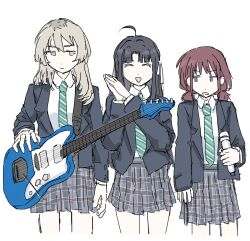 Rule 34 | 3girls, awa subaru, black hair, black jacket, blue eyes, closed eyes, closed mouth, commentary request, cowboy shot, electric guitar, expressionless, girls band cry, green necktie, grey eyes, grey skirt, guitar, hair ribbon, highres, holding, holding guitar, holding instrument, holding microphone, instrument, iseri nina, jacket, kawaragi momoka, light brown hair, long hair, long sleeves, microphone, multiple girls, necktie, odore (suzukisakana001), open mouth, own hands together, plaid, plaid skirt, plant roots, pleated skirt, red hair, ribbon, school uniform, shirt, short twintails, simple background, skirt, smile, twintails, white background, white ribbon, white shirt