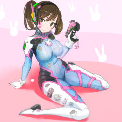 Rule 34 | 1girl, alternate breast size, alternate hairstyle, animal print, arm at side, arm support, armor, bodysuit, boots, bracer, breasts, brown hair, character name, charm (object), closed mouth, covered erect nipples, covered navel, d.va (overwatch), emblem, eyebrows, facepaint, facial mark, finger on trigger, gloves, gun, hair ornament, hair tie, handgun, head tilt, headphones, heart, heart-shaped pupils, holding, holding gun, holding weapon, large breasts, lips, lipstick, logo, long hair, long sleeves, makeup, mecha, overwatch, overwatch 1, pauldrons, pilot suit, pink crown, pink lips, ponytail, rabbit print, ribbed bodysuit, robot, shoulder armor, shoulder pads, sitting, skin tight, smile, solo, symbol-shaped pupils, thigh boots, thigh strap, thighhighs, turtleneck, wariza, weapon, whisker markings, white footwear, white gloves