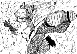 Rule 34 | 1girl, absurdres, blunt bangs, boots, bow, clenched teeth, fire, flaming hand, flying kick, foreshortening, fujiwara no mokou, greyscale, hair bow, highres, himajin noizu, kicking, long hair, looking at viewer, monochrome, muscular, muscular female, open hand, ponytail, shirt, short hair, sleeveless, sleeveless shirt, solo, suspenders, teeth, torn clothes, torn sleeves, touhou