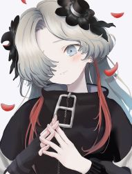 Rule 34 | 1girl, black gloves, black jacket, blush, closed mouth, commentary request, eyebrows hidden by hair, fingerless gloves, gloves, grey background, grey eyes, grey hair, hair over one eye, hands up, head tilt, high collar, highres, interlocked fingers, isekai joucho, jacket, kamitsubaki studio, long hair, long sleeves, looking at viewer, own hands together, petals, sha2mo, simple background, single glove, smile, solo, upper body, very long hair, virtual youtuber, zipper pull tab