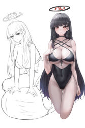 Rule 34 | 1girl, absurdres, alternate costume, black choker, black hair, blue archive, blush, breasts, choker, cleavage, closed mouth, clothing request, covered navel, cropped legs, ggz (gguzal 95), groin, hair ornament, hairpin, halo, highres, large breasts, long hair, looking at viewer, multiple views, red eyes, rio (blue archive), simple background, thighs, white background
