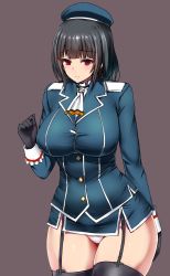Rule 34 | 10s, 1girl, beret, black gloves, black hair, black thighhighs, blush, breasts, curvy, female focus, garter straps, gloves, hat, ishimiso (ishimura), kantai collection, large breasts, looking at viewer, microskirt, military, military uniform, miniskirt, panties, pantyshot, red eyes, short hair, skirt, smile, solo, standing, takao (kancolle), thighhighs, underwear, uniform, white panties, wide hips