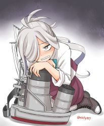 Rule 34 | 1girl, ahoge, asashimo (kancolle), boots, clenched teeth, cross-laced footwear, ebifly, full body, grey eyes, grey pantyhose, hair over one eye, halterneck, highres, kantai collection, kneeling, lace-up boots, long hair, machinery, pantyhose, ponytail, school uniform, sharp teeth, shirt, silver hair, solo, teeth, white shirt