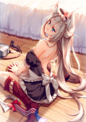 Rule 34 | 1girl, :t, angry, animal ears, apron, arched back, armband, azur lane, back, backless dress, backless outfit, backlighting, bare back, bare shoulders, bed, between legs, black dress, blue eyes, blush, clouble, dress, flag print, frilled apron, frills, from behind, hair between eyes, hair ribbon, hammann (azur lane), highres, indoors, long hair, looking at viewer, looking back, maid, necktie, unworn necktie, no shoes, off-shoulder dress, off shoulder, on floor, over-kneehighs, pout, red ribbon, red thighhighs, ribbon, short dress, shoulder blades, silver hair, sitting, solo, spread fingers, sunlight, tearing up, tears, thighhighs, thighhighs pull, v arms, very long hair, waist apron, wariza, wooden floor, wrist cuffs