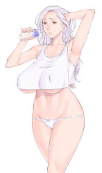 Rule 34 | armpits, bottle, breasts, brown eyes, curvy, covered erect nipples, grey hair, groin, hand on head, huge breasts, impossible clothes, impossible shirt, long hair, mature female, navel, panties, sagging breasts, shirt, takasugi kou, underboob, underwear, vest, white hair