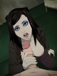 Rule 34 | black hair, blue eyes, breasts, breasts out, circumcision scar, ergo proxy, handjob, nipples, pale skin, penis, re-l mayer, uncensored, vincent law