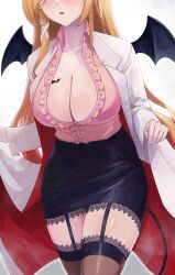 Rule 34 | 1girl, absurdres, black skirt, black thighhighs, blonde hair, blush, breast tattoo, breasts, center frills, cleavage, coat, dalcom, demon girl, frilled shirt, frills, garter straps, highres, hololive, lab coat, lace, lace-trimmed legwear, lace trim, large breasts, long hair, open clothes, open coat, open mouth, pink shirt, pointy ears, shirt, skirt, solo, tattoo, thighhighs, thighs, two-sided coat, two-sided fabric, virtual youtuber, white background, white coat, yuzuki choco, yuzuki choco (1st costume)