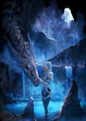 Rule 34 | 1girl, armor, blue theme, bob (biyonbiyon), bone, cave, copyright request, dark skin, dragon, expressionless, from side, green eyes, highres, looking at another, ponytail, profile, skeleton, standing, wading, water, waterfall, white hair