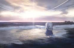 Rule 34 | 1girl, advarcher, animal hood, artist name, beach, blue hoodie, blunt bangs, chibi, commentary, day, death stranding, english commentary, fins, fish tail, from behind, gawr gura, highres, hololive, hololive english, hood, hoodie, long sleeves, medium hair, outdoors, parody, shark girl, shark hood, shark tail, sharp teeth, solo, tail, teeth, virtual youtuber, waves, white hair, wide sleeves