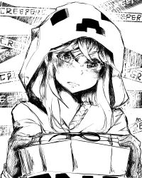 Rule 34 | 1girl, at2., creeparka, creeper, cupa (at2.), gift, gloves, greyscale, highres, holding, holding gift, hood, hood up, hoodie, looking at viewer, minecraft, monochrome, personification, sketch, solo, upper body