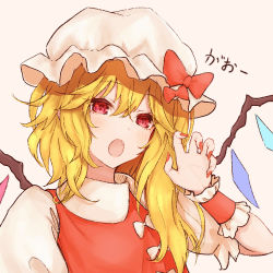 Rule 34 | 1girl, :o, bow, bright pupils, claw pose, commentary request, crystal, fang, flandre scarlet, flat chest, gao, hair between eyes, hand up, hat, light blush, looking at viewer, medium hair, mob cap, nail polish, one side up, open mouth, pink background, puffy short sleeves, puffy sleeves, red eyes, red nails, red vest, shokabatsuki, short sleeves, simple background, solo, touhou, upper body, vest, white bow, white hat, wings, wrist cuffs
