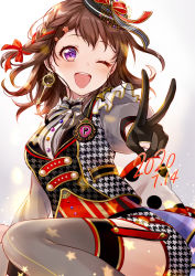 Rule 34 | 2020, ;d, bang dream!, black gloves, bow, braid, brown hair, cowboy shot, dated, earrings, french braid, frills, garter straps, gloves, grey thighhighs, hair bow, happy birthday, hat, highres, jewelry, looking at viewer, one eye closed, open mouth, puffy sleeves, purple eyes, red bow, side braid, single earring, smile, solo, star (symbol), thighhighs, toyama kasumi, v, zof (kinokoruru)
