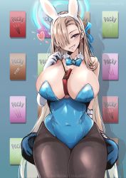 Rule 34 | 1girl, absurdly long hair, animal ears, aqua leotard, asuna (blue archive), asuna (bunny) (blue archive), bare shoulders, between breasts, blonde hair, blue archive, blue bow, blue bowtie, blue eyes, blue halo, blue leotard, blue ribbon, bow, bowtie, breasts, brown pantyhose, cleavage, collar, covered navel, detached collar, elbow gloves, fake animal ears, food, gloves, hair over one eye, hair ribbon, halo, highleg, highleg leotard, highres, large breasts, leotard, light brown hair, long hair, looking at viewer, mole, mole on breast, official alternate costume, pantyhose, playboy bunny, pocky, pocky day, rabbit ears, ribbon, sitting, smile, solo, strapless, strapless leotard, swept bangs, thighband pantyhose, traditional bowtie, very long hair, vialnite, white gloves